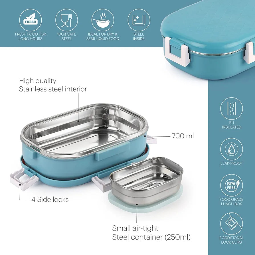 CELLO Altro Neo Lunch Box, Neo Blue, 700ml, 2 Container Lunch Box for Kids | Steel Insulated Lunch Box with Veg Box | Leak-Proof Air Tight Container Tiffin Box for Kids | Ideal for School & Picnic